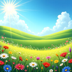 Spring Landscape with Bright Flowers and Green Hills