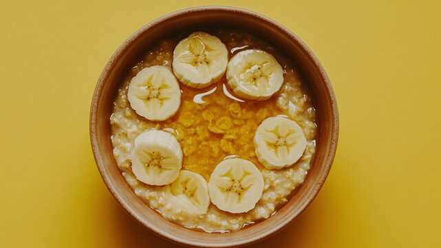 Oatmeal with sliced bananas and honey in a wooden bowl on a yellow background.