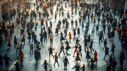 Obraz premium A vibrant crowd of diverse people joyfully dance and interact together outdoors on a sunny day in a bustling city square creating a lively urban scene.