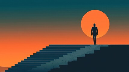 Minimalist illustration of a businessman walking up stairs to success at dawn