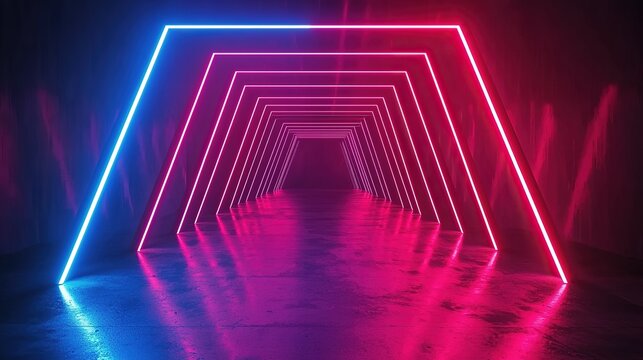 Abstract neon geometric tunnel with glowing blue and pink triangular shapes forming a futuristic 3D corridor, digital art concept for tech presentations, music festival visuals or modern architecture 