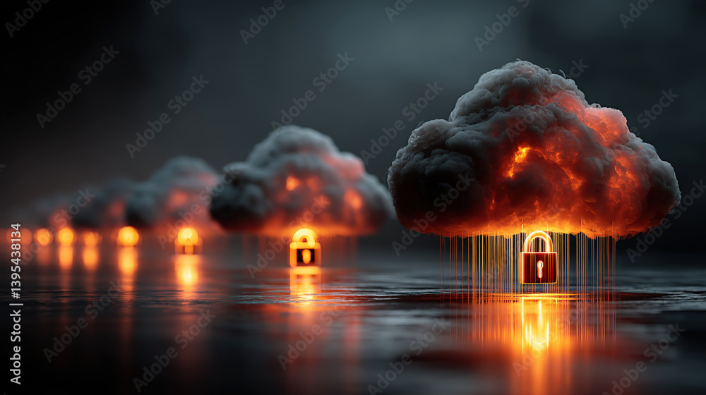 Aufkleber series of glowing cloud icons with padlocks symbolize secure data protection in digital environment,