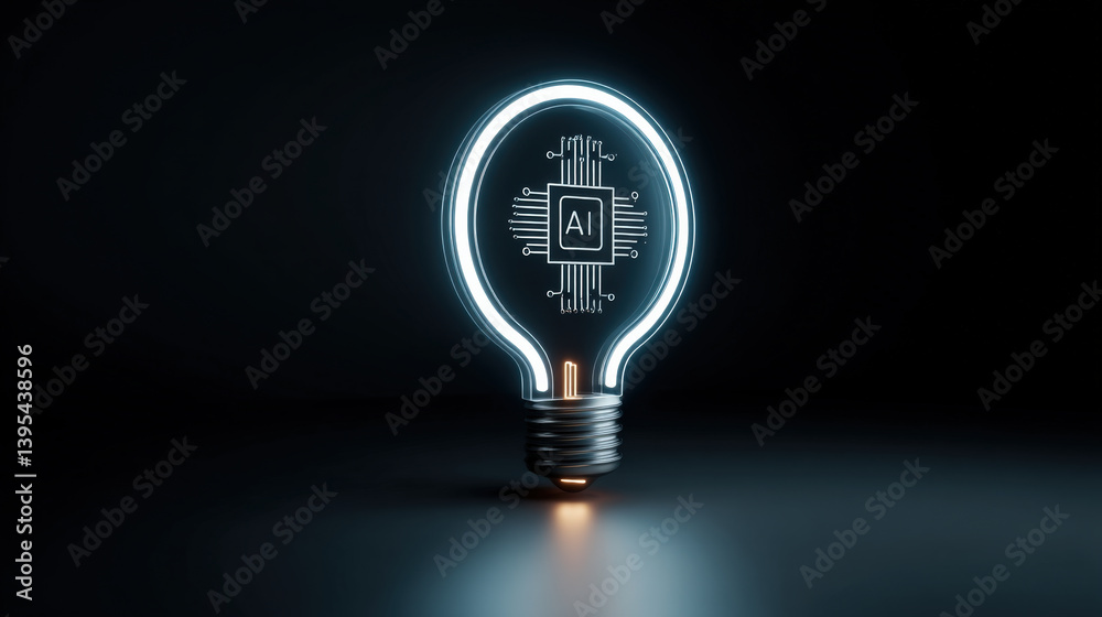 Poster glowing lightbulb with microchip and AI symbol inside represents innovation and technology. dark background highlights futuristic design, symbolizing artificial intelligence