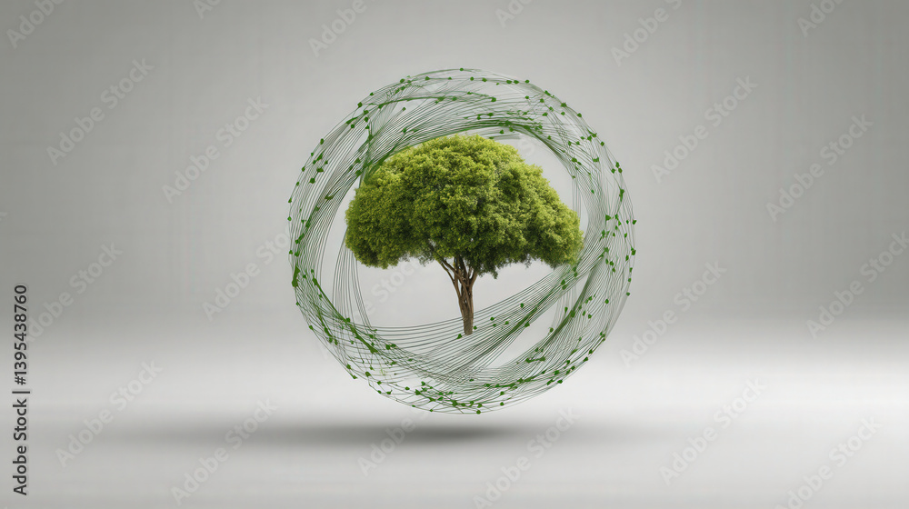 Poster tree is encircled by network of curved lines, symbolizing connectivity and nature harmony. green hue