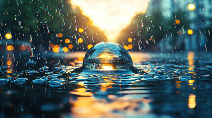 A crystal ball sits in a rain puddle reflecting a vibrant sunset on a city street at dusk with raindrops falling all around creating a magical and serene atmosphere.