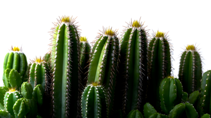 A row of cactus plants with yellow flowers