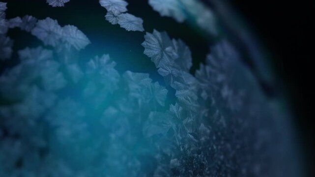 Real-time crystal growth on liquid surface, unique physical phenomenon. Freezing of water in macro. Salt crystal growth, beautiful experiment. Ice crystals