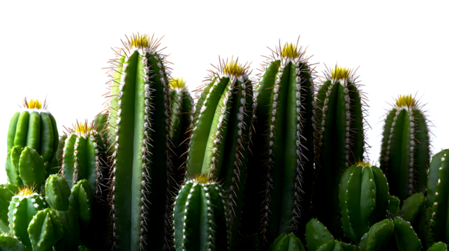 A row of cactus plants with yellow flowers