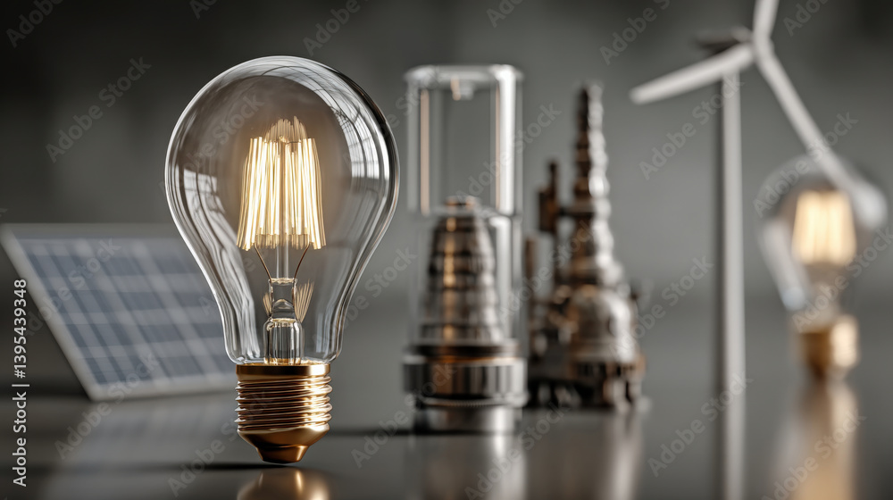 Poster clear light bulb is prominently displayed foreground, symbolizing innovation and energy. in backgrou
