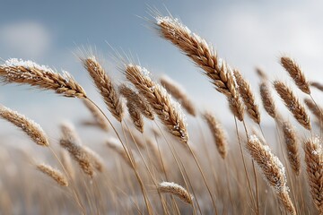 Fototapeta premium Golden wheat swaying gently in the breeze under a clear blue sky during early morning