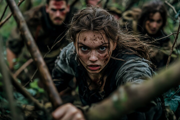 Intense woman crawling through forest escape survival adventure movie scene action film drama photography