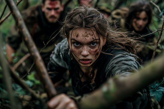 Intense woman crawling through forest escape survival adventure movie scene action film drama photography