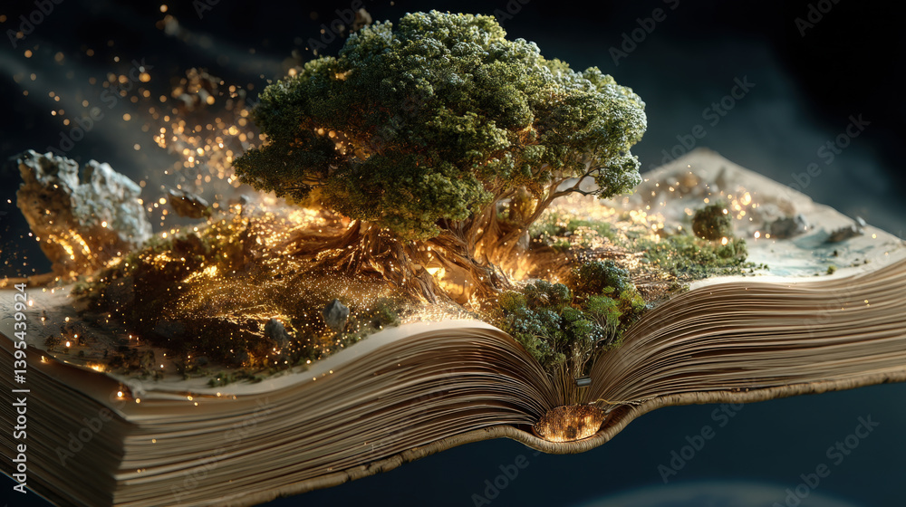 Leinwandbilder surreal image of floating book with lush tree growing from its pages, surrounded by glowing particles, evokes sense of wonder and magic