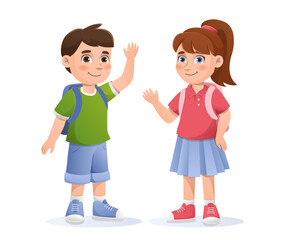 School kids waving hello gesture. Vector illustration