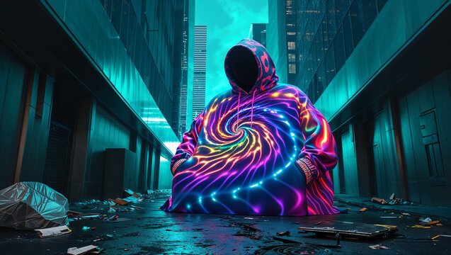 Faceless Figure In Neon Hoodie Amidst Urban Decay Cityscape Environment