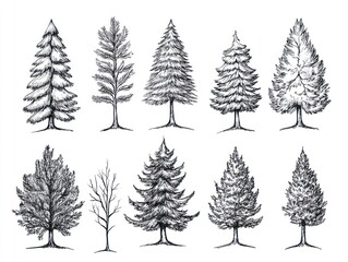 Obraz premium Hand-drawn evergreen trees, isolated on white, for design