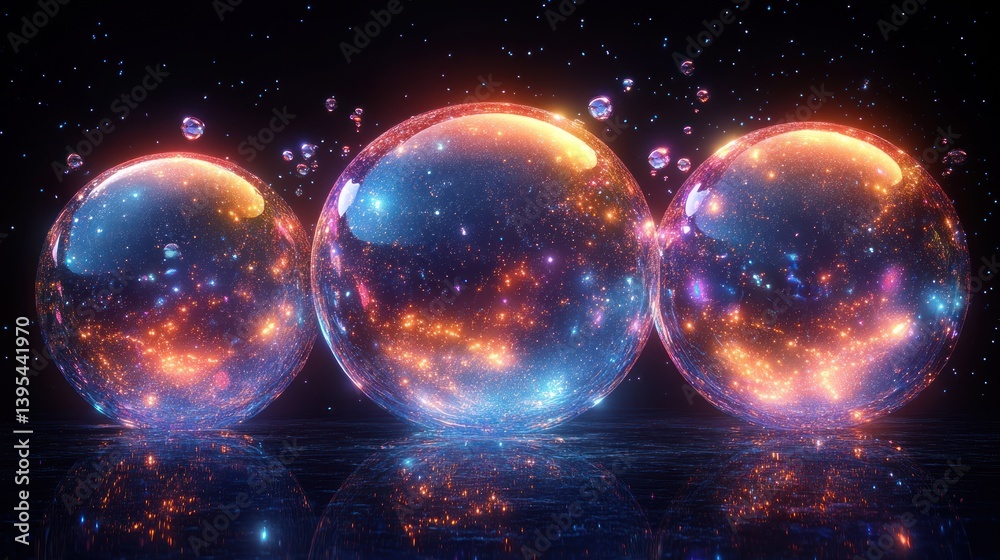 Poster three glowing orbs reflecting on dark surface, vibrant colors and particles.