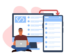 Developer coding responsive mobile app. Vector illustration