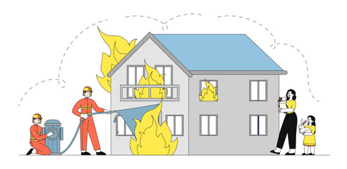 Firefighters extinguishing house fire. Vector illustration