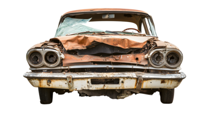A rusted old car with a smashed windshield