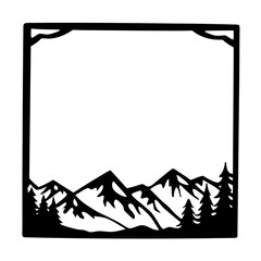 Fototapeta premium Black and White Mountain Range Landscape in a Square Frame Illustration Graphic Design