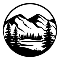 Majestic Mountain Landscape with Evergreen Trees and Serene Lake in a Circular Design