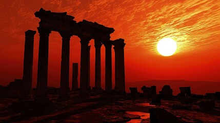 Fototapeta premium Ancient ruins at fiery sunset