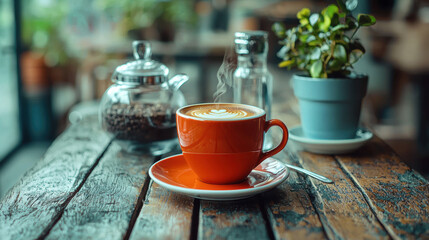 A steaming cup of latte art coffee sits on a rustic wooden table in a cozy cafe setting with coffee beans and plants nearby creating a warm inviting atmosphere.