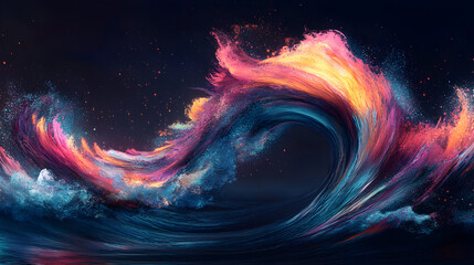 digital wave created entirely from textured, flowing brushstrokes glowing against a dark background 