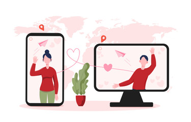 Long distance love video call concept. Vector illustration