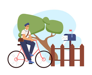 Postman riding bicycle near mailbox. Vector illustration