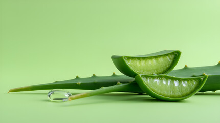 Aloe vera plant with sliced pieces and a drop of clear gel on a light green background.