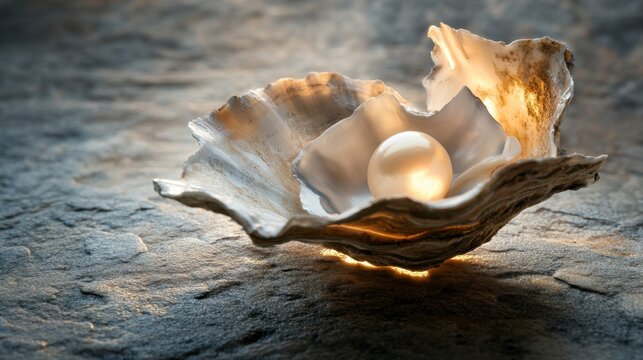 Elegant oyster shell with glowing pearl on rustic stone background
