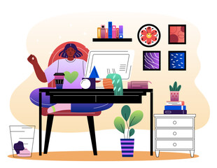 Woman meditating at work desk at home. Vector illustration
