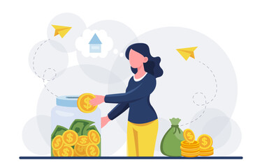 Woman saving money in a jar for home. Vector illustration