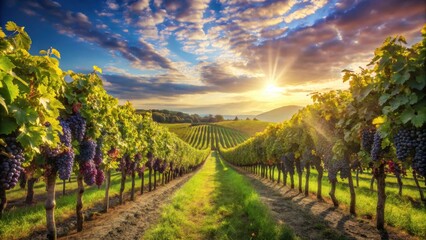Naklejka premium Serene Vineyard at Sunset Rows of Grapevines Heavy with Ripe Fruit Under a Dramatic Sky