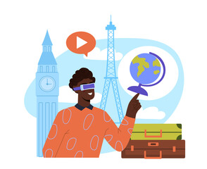 Man exploring world via virtual travel.. Vector illustration