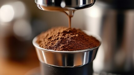 Freshly ground coffee cascading into a portafilter, capturing the essence of artisanal brewing.