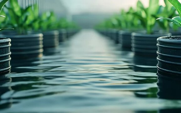 Young green plants in black pots with a water pathway, representing growth, sustainability, and nature in a fresh and serene environment.