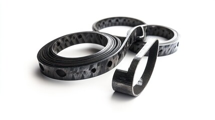 Three rolls of perforated metal banding, one unrolled, isolated on white.