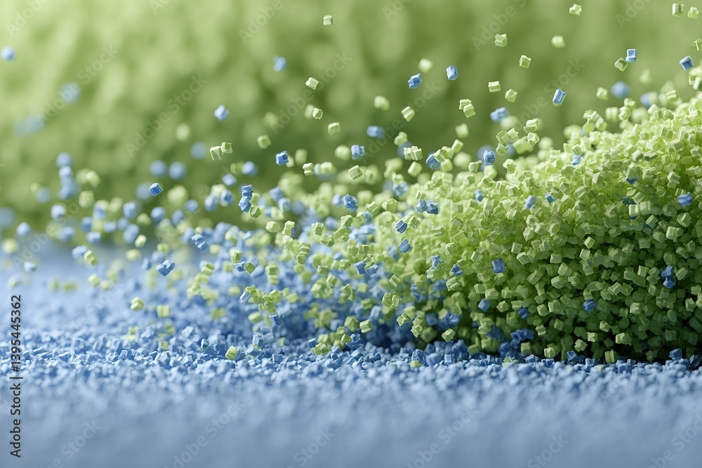 Poster colorful granules scatter over a surface, creating a dynamic visual of texture and movement in a sci