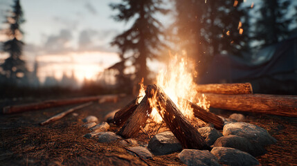 Campfire burning brightly at sunset, surrounded by rocks in a forest setting, conveying warmth, adventure, and relaxation