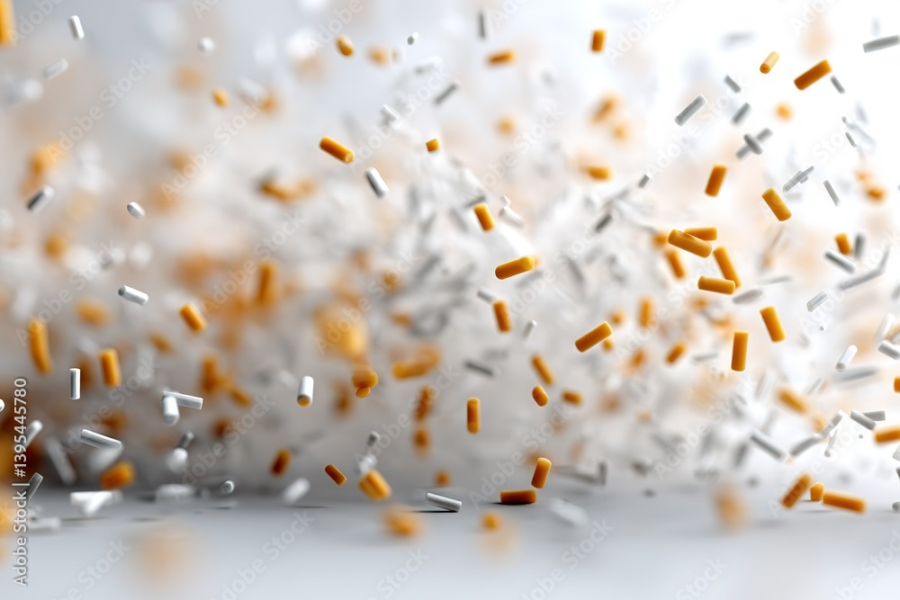 Poster colorful particles scatter in a dynamic display against a soft background in a creative setting