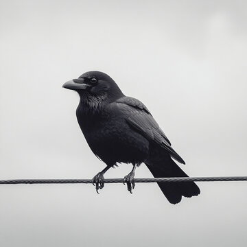 Crow stands on a wire, cloudy sky.