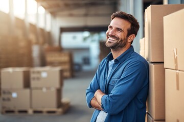 A happy warehouse worker leans against boxes, smiling in a sunlight-filled distribution center.