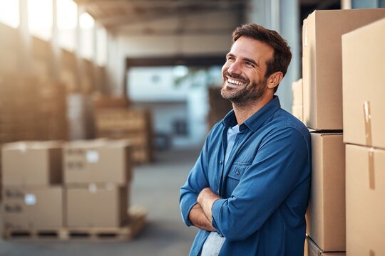 A happy warehouse worker leans against boxes, smiling in a sunlight-filled distribution center.