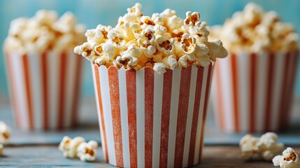 Three striped popcorn containers filled with fluffy popcorn kernels on a rustic wooden surface.