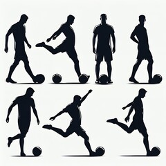 silhouette Playing football ,different pose,alert,profile view,minimalist design,graphic illustration,clean line,caline outline,iconic,representation,vector style,solid black figure,white background