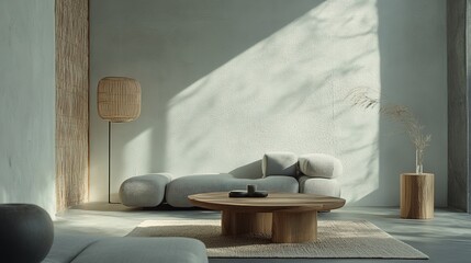 Minimalist living room with gray sofa, wooden coffee table, and rattan lamp, embodying modern simplicity and natural elegance.
