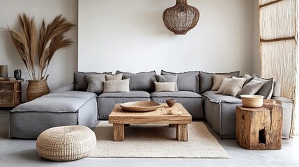 Minimalist living room with gray sofa, wooden coffee table, and rattan lamp, embodying modern simplicity and natural elegance.

